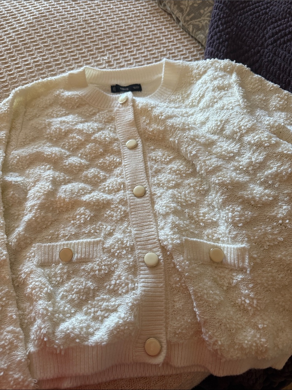 Mango Cream Textured Teddy Cardigan with Gold Buttons - Picture 7 of 8